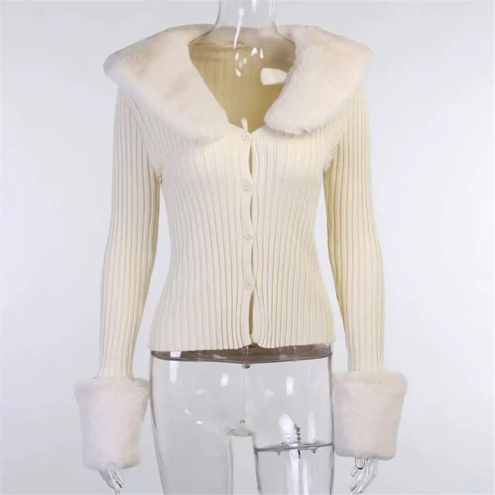 2022 Spring Women Fashion Fluffy Fur Collar Cuff Solid Cardigan Sweater Jacket Lady Long Sleeve Oversize Warm Coat Tops ladies cardigans