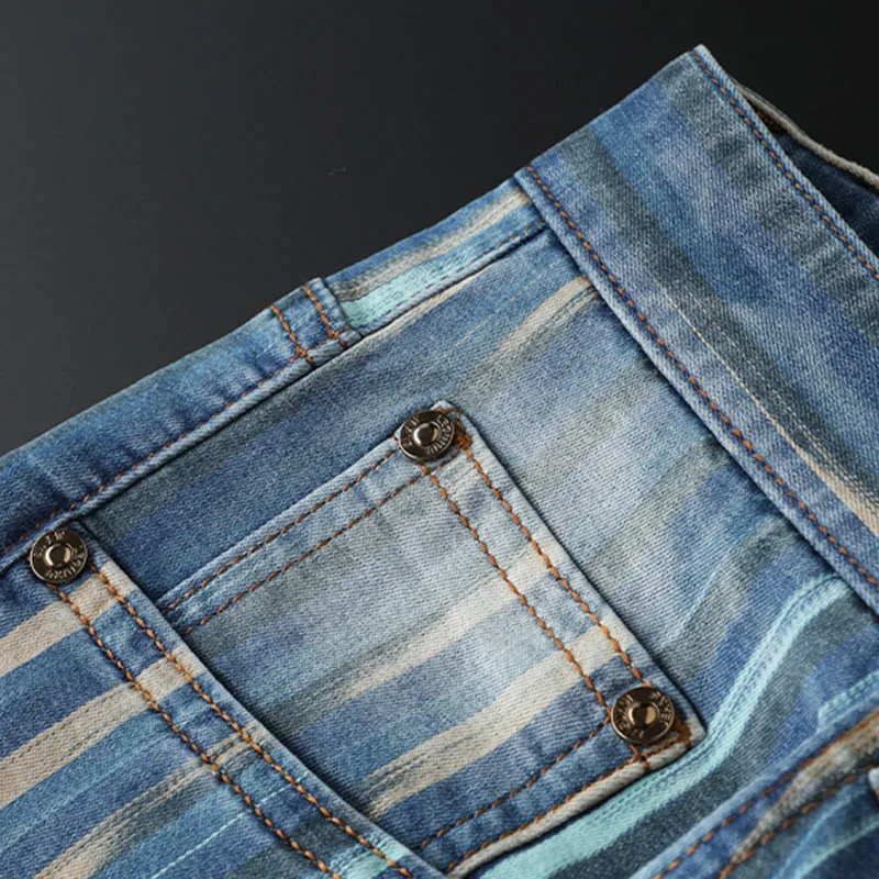 Fashionable men's blue personality color contrast striped jeans men slim stretch summer slim men's small straight leg pants