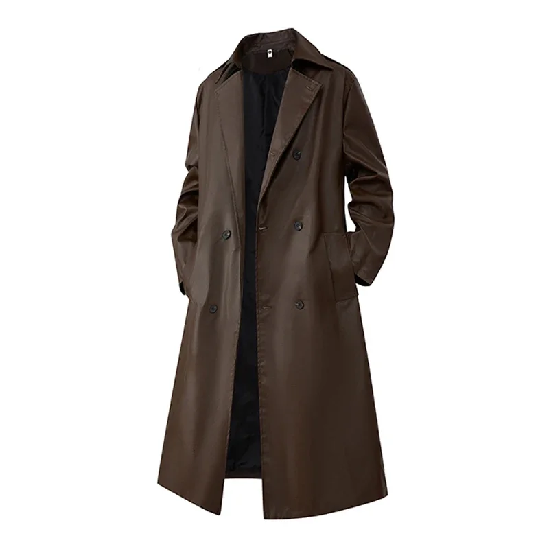 Men Long Business Casual Fashion Outerwear Male Leather Clothes Trench Coats Loose Large PU Top Coat Men's Jacket Long Trench