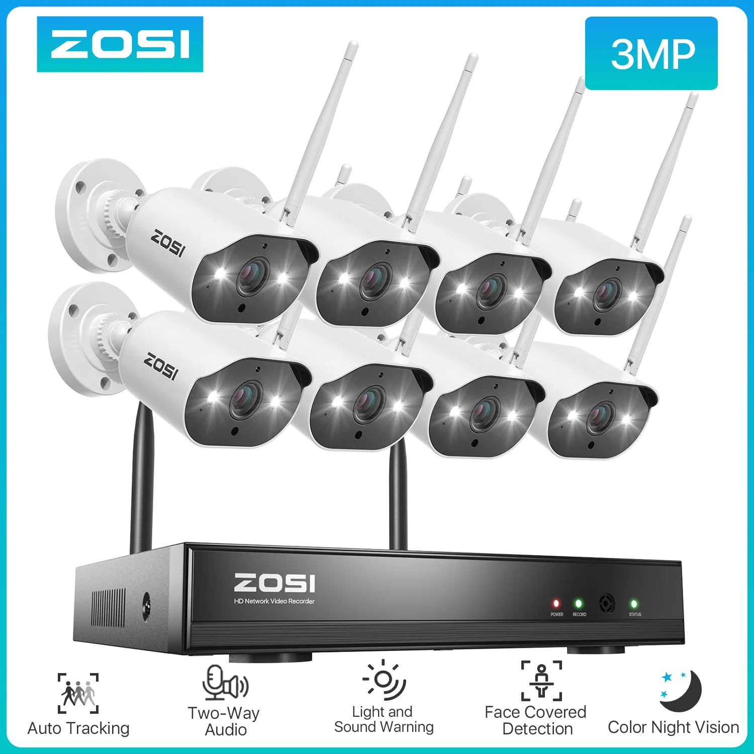 ZOSI 8CH 3MP Wireless Security Cameras System Two Way Audio