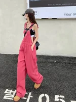 Pink Denim Overalls For Women Loose Slimming High Waist Straight Wide Leg Pants Student Style Jumpsuits - Image 3