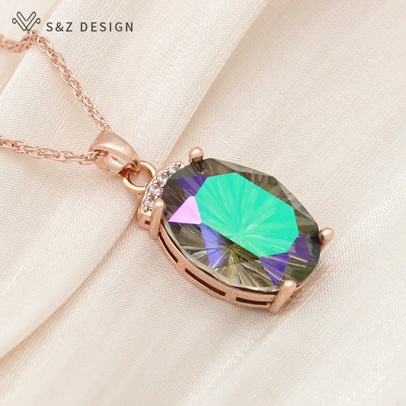 S&Z DESIGN New Fashion 585 Rose Gold Color Luxury Large Oval Crystal Pendant Necklace For Women Wedding Cubic Zirconia Jewelry