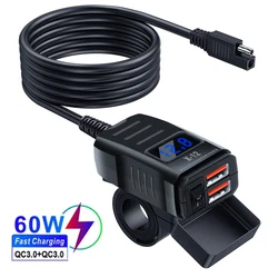 High - Speed USB Motorcycle Charger: Dual - Port 60W Handlebar Adapter with Switch & Voltmeter, Waterproof Design (Dual QC3.0 Volt - A)
