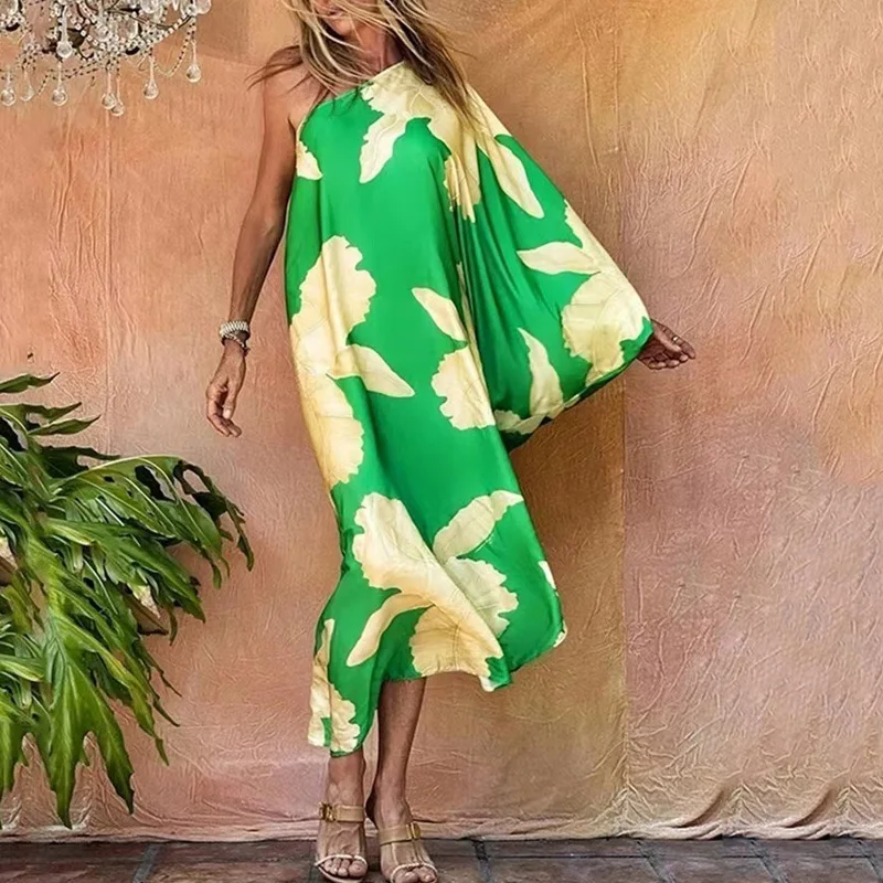 

Vintage Fashion Printing Woman Long Dress Casual Skew Collar Women Loose Cover-up Beach Dress Sexy Off Shoulder Boho Party Dress