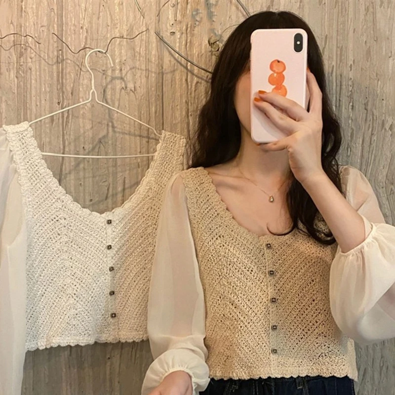 여성 쉬폰 퍼프 긴 소매 자르기 가디건 라운드 넥 버튼 크로 셰 뜨개질 블라우스