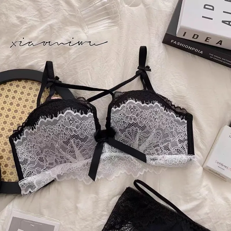 BANERDANNI Kawaii Anime ensemble de soutien-gorge japon femme de chambre dentelle Bralette avec coussinets épais conception découpée petit buste rehausseur pur-sex sous-vêtements