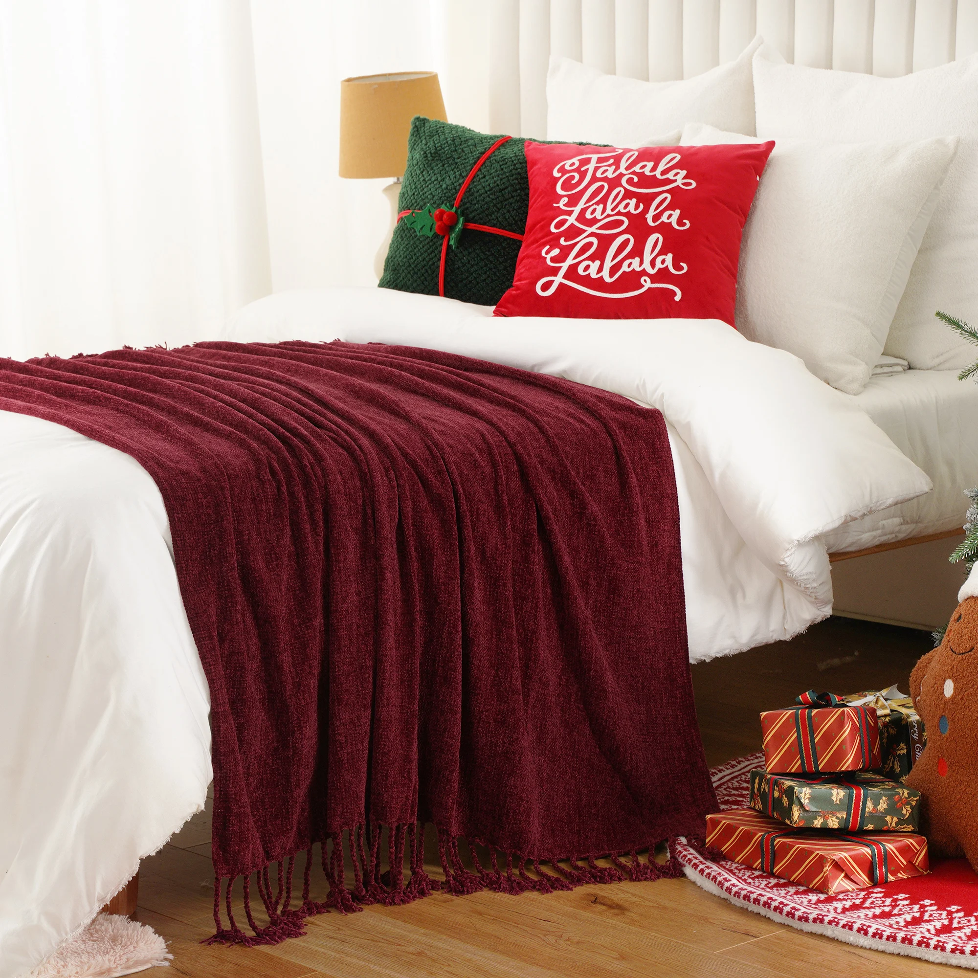 Battilo Chenille Throw Blanket With Fringe Tassels Decorative Lightweight Sofa Blanket Soft Cozy Knit Throws for Spring Decor