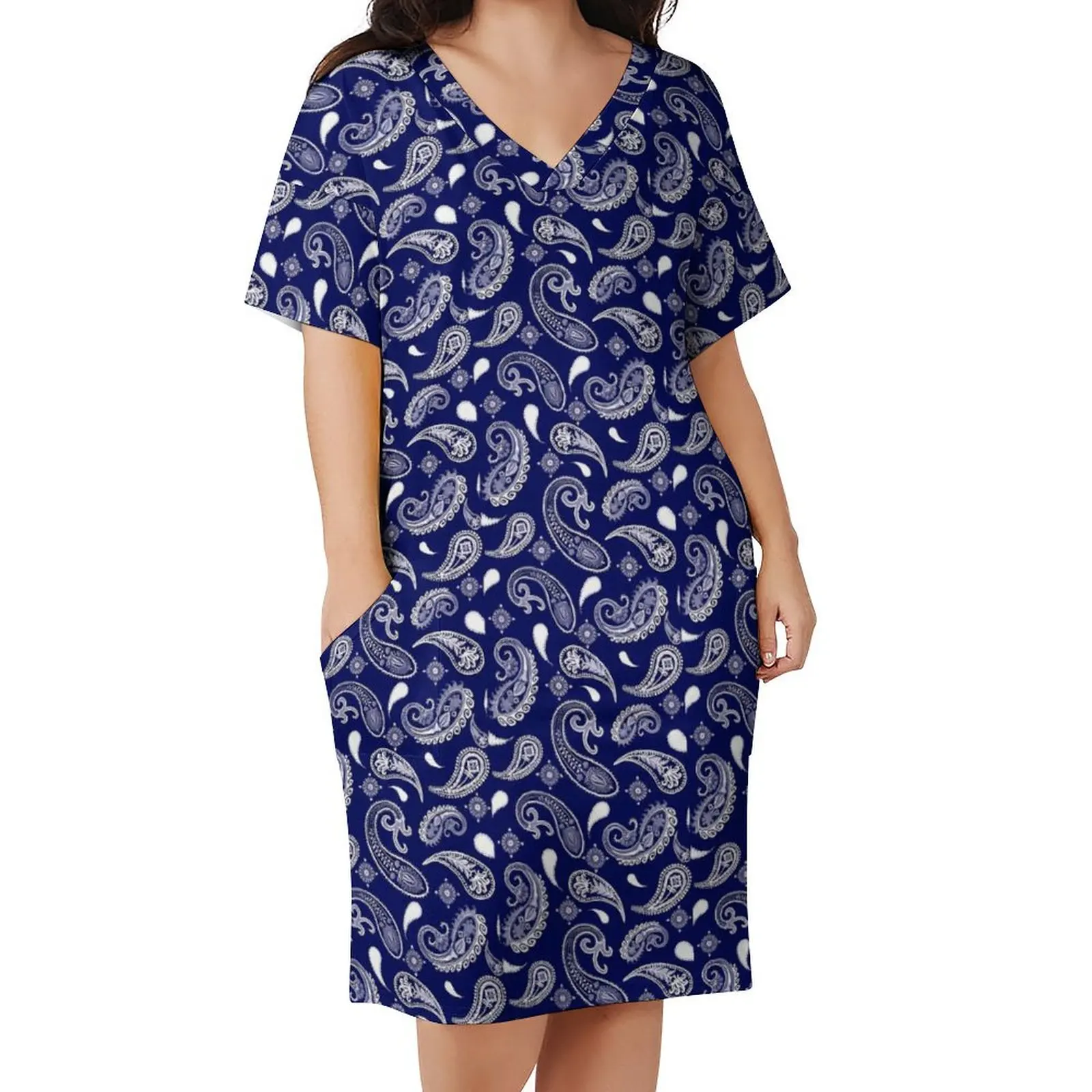 

Retro Paisley Print Dress V Neck Blue And White Fashion Dresses Summer Elegant Casual Dress Womens Graphic Big Size Clothing