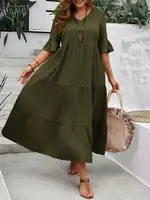 2024 Spring and Summer New Large V-neck Splicing Multi color Multi plus size Long Style Large Swing Dress - Image 5