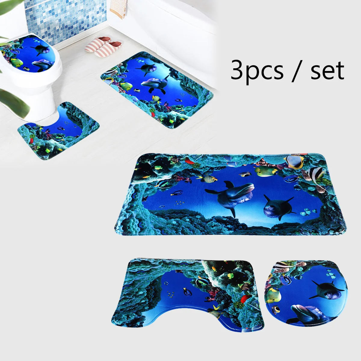 

Toilet Mat Set 3 Piece Bathroom Rug Set, Bath Mat, Rug, Toilet Lid Cover Ocean Style