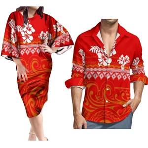 New Designed Polynesian Tribal Print Shawl Dress Casual Butterfly Dress For Women And Long Sleeve Shirt For Men Couple Set