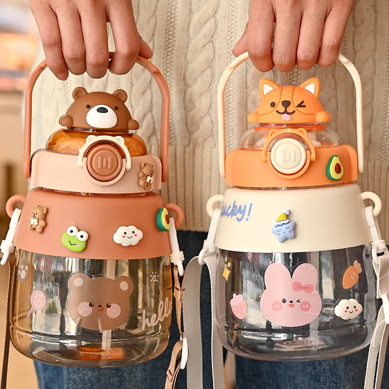 

Cute Water Bottle for Girl Kid Large Capacity Outdoor Sport Drinking Kettle Portable Kawaii Bear Cup 1300ML Tumbler with Straw