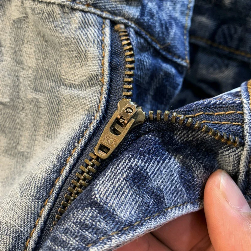 Summer Denim Shorts Men's Thin Texture Woven Printed Cropped Casual Pants Stretch Slim Straight Fashion Pants