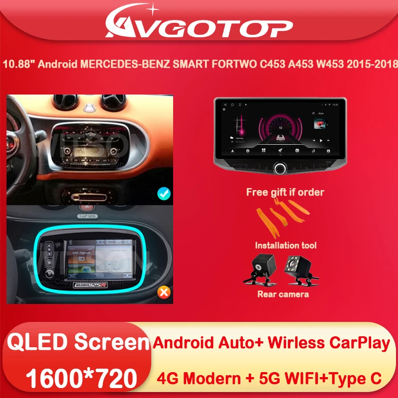 

10.88 Android 13 Car Radio Multimedia for MERCEDES-BENZ SMART FORTWO C453 A453 W453 2015-2018 Type-C charging DSP 4G sim 5G WIFI