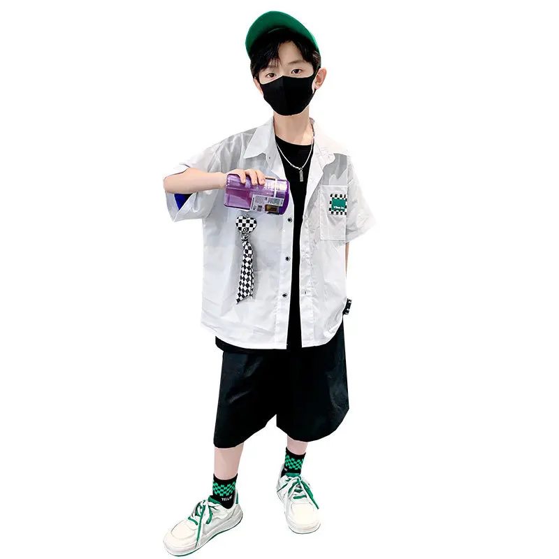 

Summer Children's Clothing Lapel Shirt with Love Pendant + Black Elastic Waist Shorts 2pcs Fashion Casual Boys Outfit Set 4-14 Y