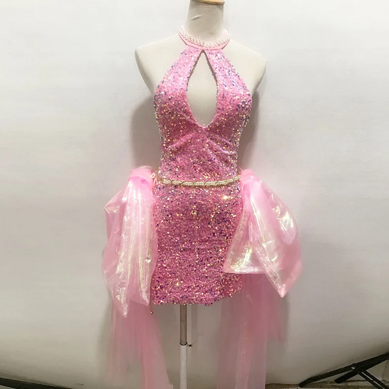 

Pink Sequins Dress Nightclub Jazz Gogo Dance Clothes Festival Rave Outfit Drag Queen Costume Birthday Party Clothing VDB8172