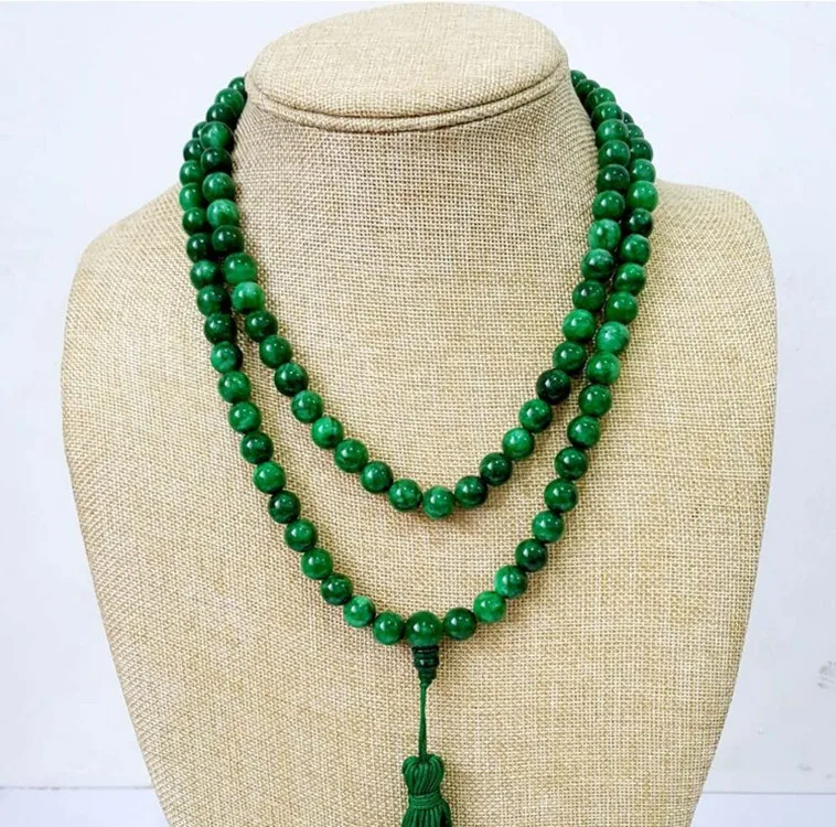 

Real Burma Green Jade Sweater Chain Necklace Men Women Genuine Natural Emerald Jadeite 108 Bead Mala Beaded Amulet Necklaces