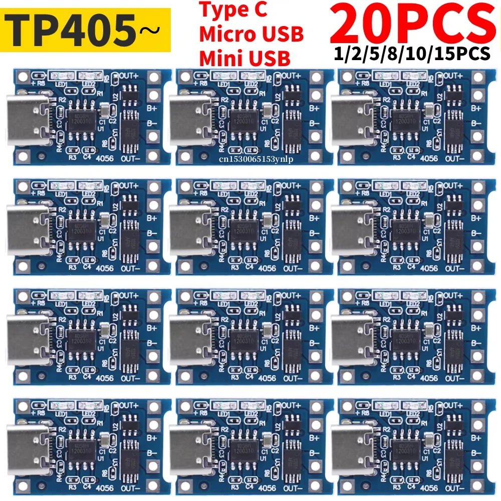 1-20PCS 타입-c/마이크로/미니 USB 5V 1A 18650 TP405 리튬 배터리 충전기 모듈 보호 기능이 있는 충전 보드 이중 기능 1A