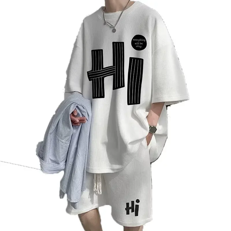 Casual Men's Summer T-Shirt Shorts Two-Piece Set Loose Fit Hong Kong Style Printed Plus Size Sportswear 5