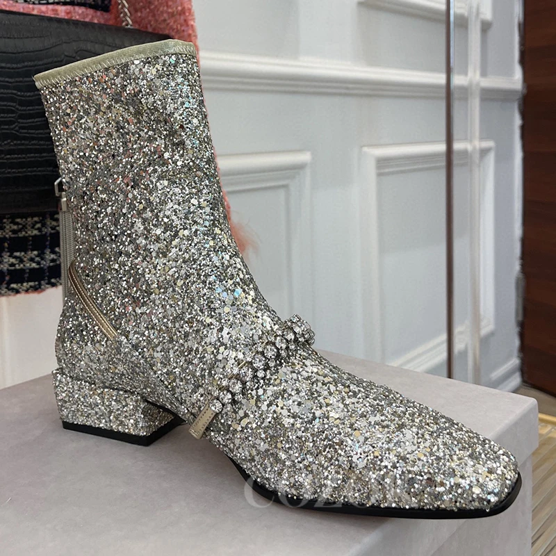 

Ladies Boots For Winter 2023 New One Strap Design Crystal Decor Fashion Ankle Boots Banquet Height Increasing Female Shoes