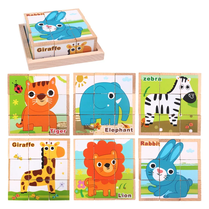 

XIHATOY Wooden six-side painting puzzle 3d traffic animal large particle blocks young children puzzle toys