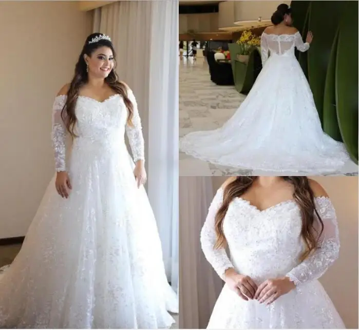 

Elegant Lace Plus Size Wedding Dresses Off The Shoulder Sheer Long Sleeves Bridal Gowns A Illusion Back Train Vestido De Novia