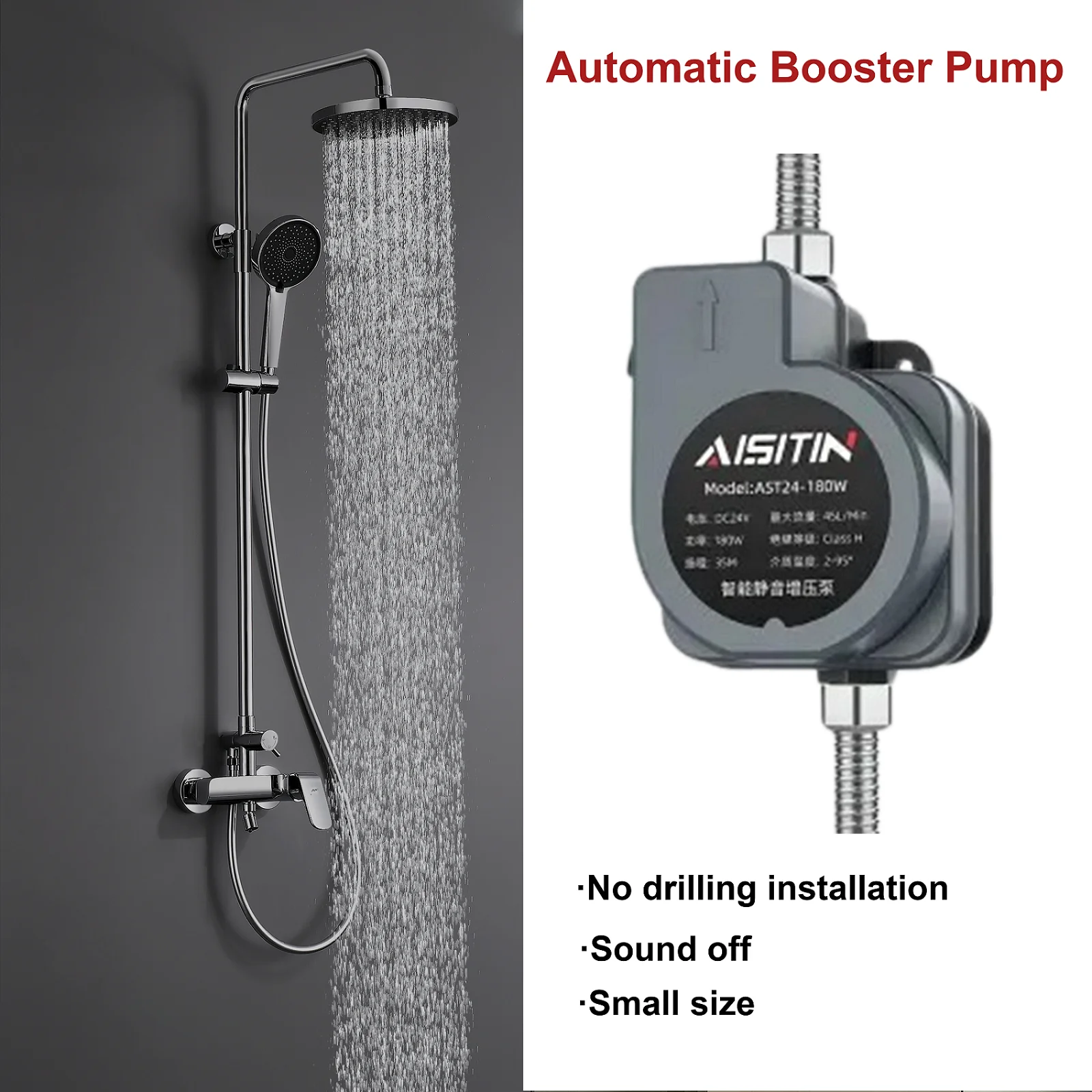 เครื่องเพิ่มแรงดันน้ํา 24v, ปั๊มเพิ่มแรงดันอัตโนมัติ 180w, ห้องน้ําเครื่องทําน้ําอุ่นอ่างอาบน้ํา, เงียบ, ปั๊มน้ํา 1