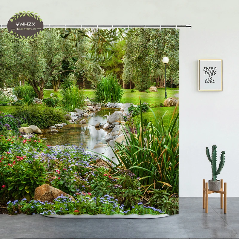 

Tree Flower Print Shower Curtains for Bathroom Waterproof Home Decor Washable Fabric Park Garden Screen Accessories with Hooks
