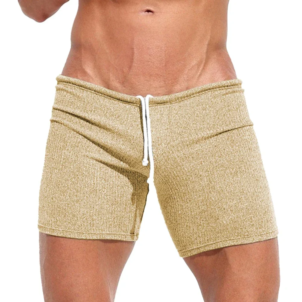 Mens Sexy Drawstring Ribbed Sleepwear Shorts Outdoor Sports Jogging Gym Sportswear Short Pants Holiday Casual Slim Male Shorts 4