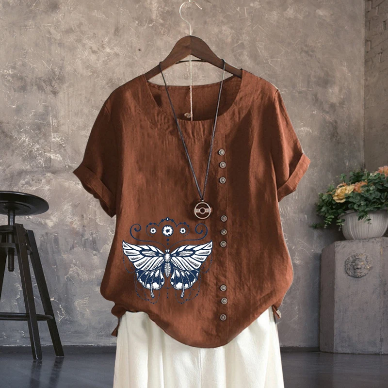 

Round Neck Printed Loose Linen Short Sleeve Women's Clothing T Shirt Lady's Butterfly Pattern Casual Top Fashion Summer Pullover