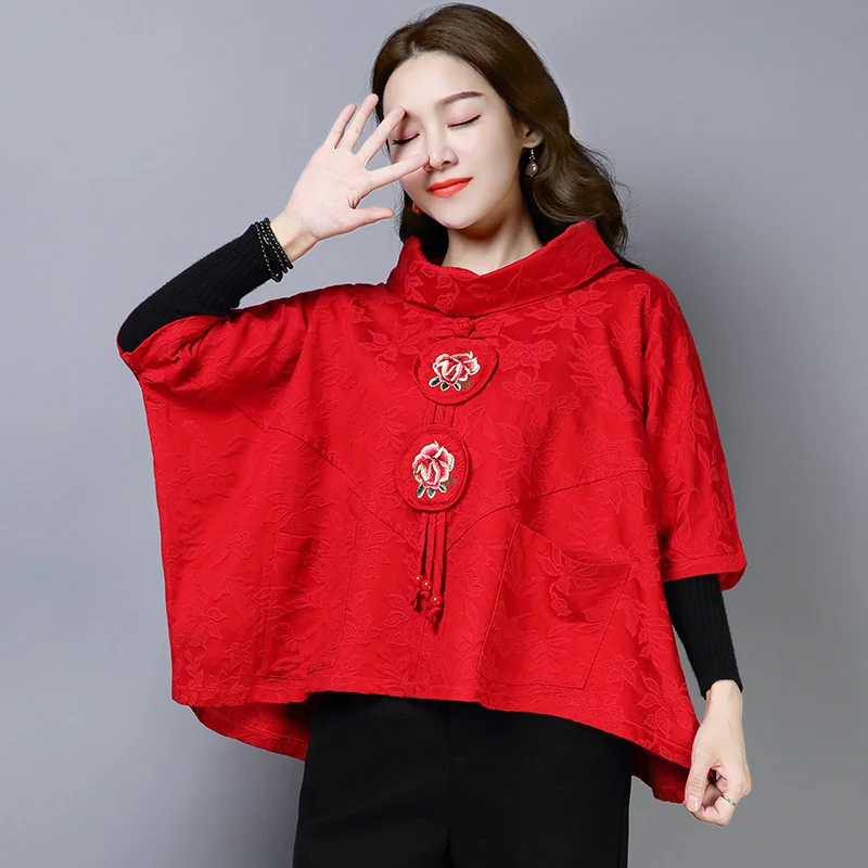 

Patchwork Cloak Coat Cotton Linen Pullover Women Loose Short Oriental Chinese Turtleneck National Style Female Retro Tang Suit