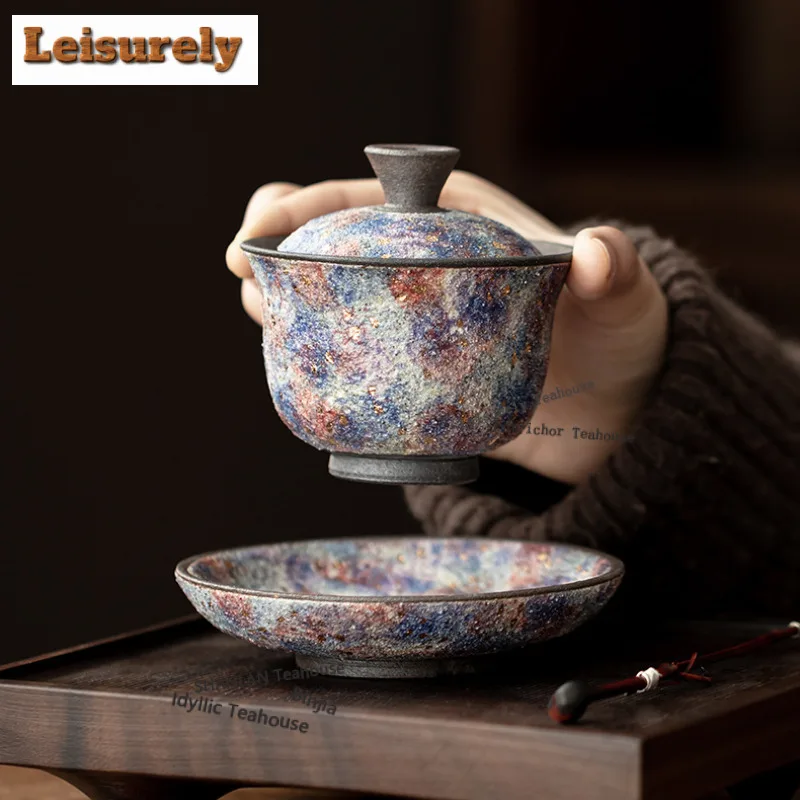 150ml Rock Mineral Point Gold Gaiwan Luxury Tea Tureen Tea Bowl With Lid Kit Tea Brewing Cover Bowl Kung Fu Tea Set Decoration