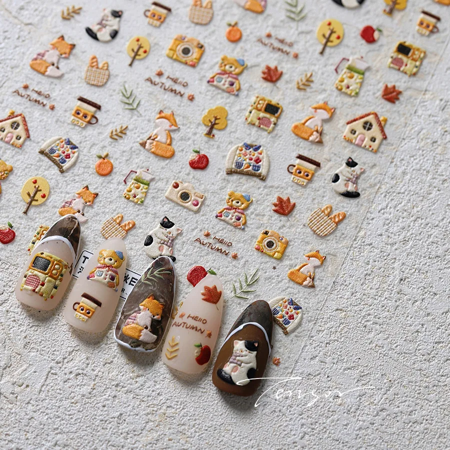 고양이 여우 건강 냄비 카메라 스웨터 곰 나무 낙엽 배낭 사과 과일 음식 5D 접착제 네일 아트 스티커 매니큐어 데칼