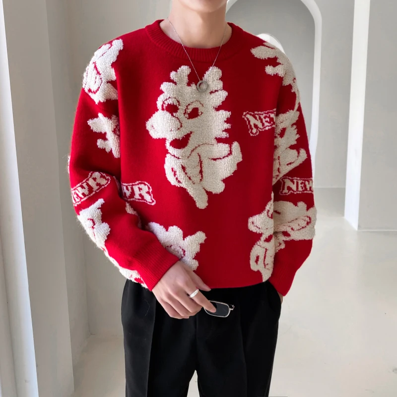 

New Style Winter Mens Sweaters Black Red Cartoon Dragon Knitted Jacquard Christmas Clothing Gift Vintage Casual Jumper Pullovers