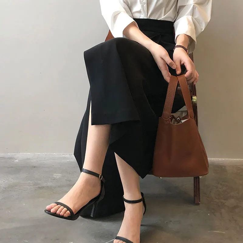 Korean Elegant High Waist Split Mid-Length Skirts for Women Spring Summer Loose Pockets Solid Ladies A-line Skirts Temperament 2023 autumn oversize women s long rompers black pockets sleeveless loose rompers female new casual elegant trendy ladies clothes