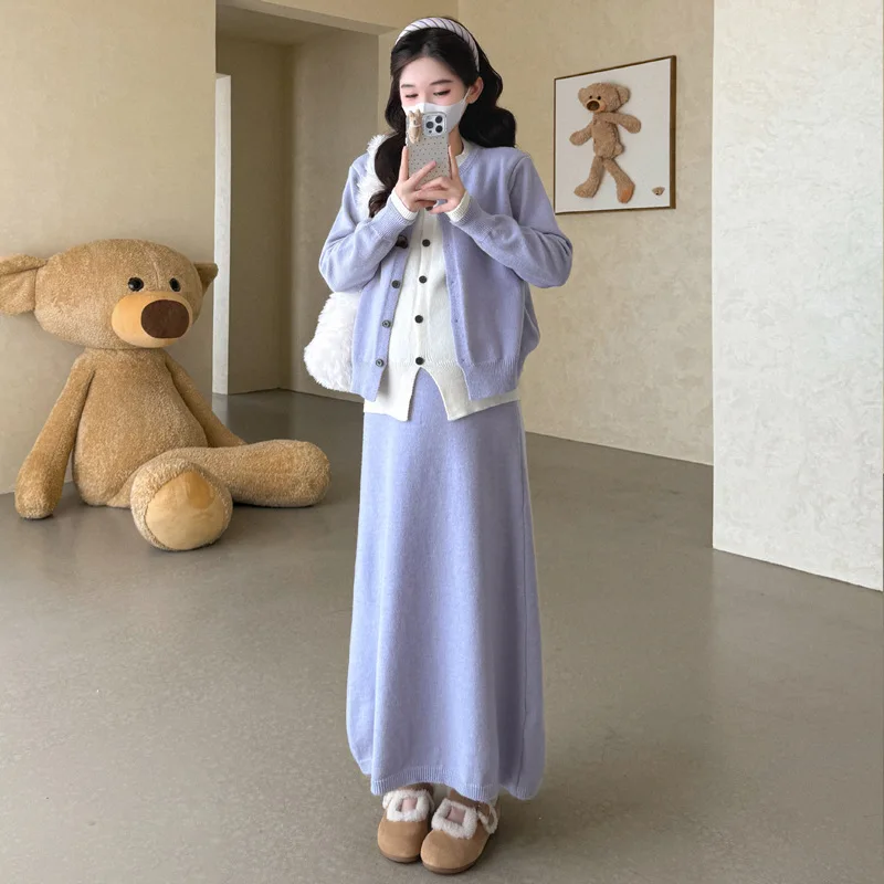 임부복 봄 가을 한국 캐주얼 미니멀리스트 우아한 다용도 페이크 투피스 스웨터와 미디 스커트 투피스 세트