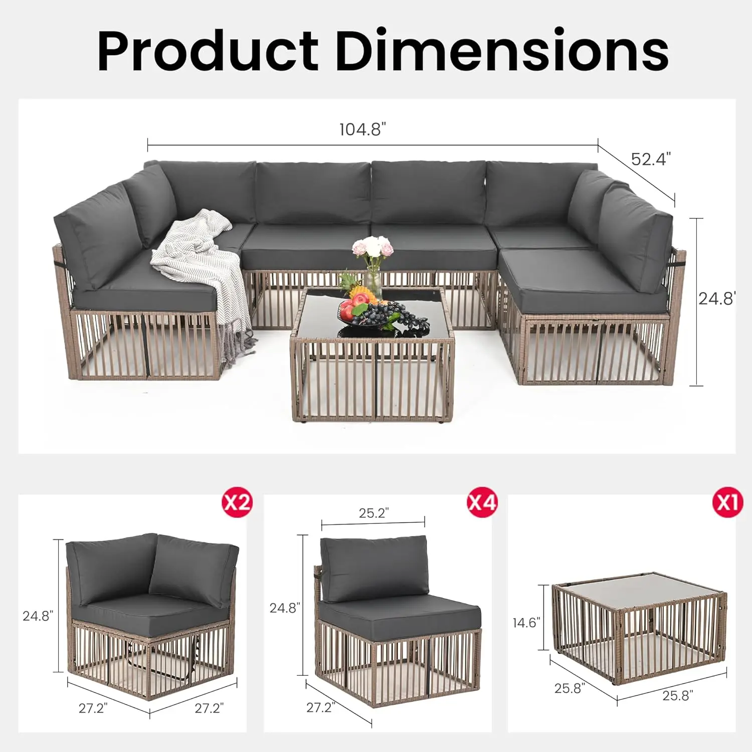 7 Pieces Outdoor Sectional Set, All-Weather PE Rattan Patio Conversation Set,Wicker Adjustable Patio Furniture Set with Washable 5