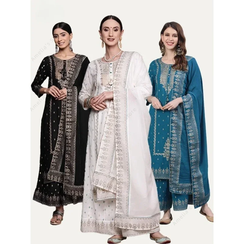 Abito Donna Indiano Pakistanino – Salwar Kameez In Seta Banarasi Blu Reale Con Dupatta, Vestito Già Cucito Pronto - 3