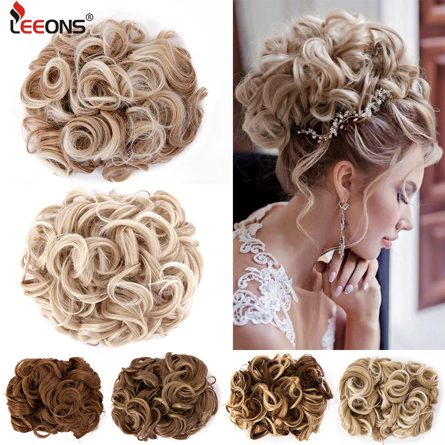 Leeons Synthetic Hair Bun Brown Blonde Curly Chignon Messy Bun Comb Clip In Hair Extension Updos Hairpieces For Women