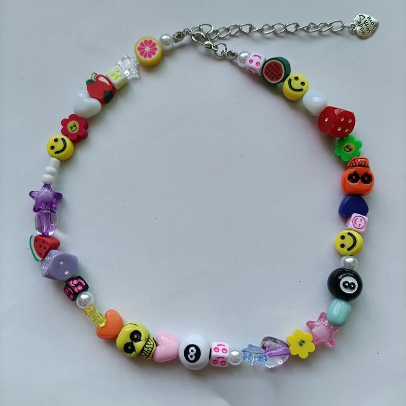 Hot Sale Halloween Skull Jewelry Soft Ceramic Smiling Face Butterfly Acrylic Dice Star Necklace_voghion.com