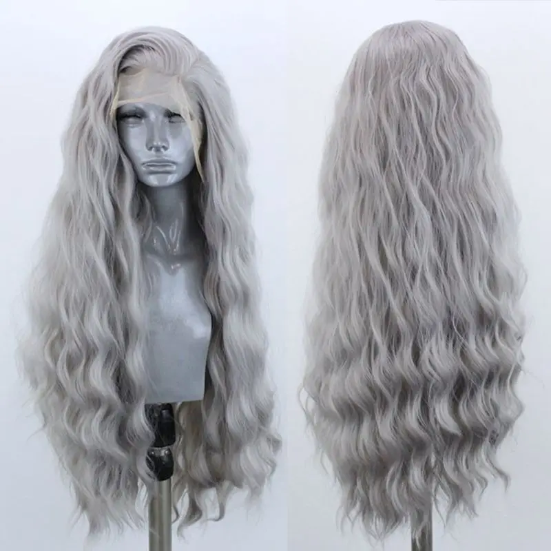 

Fashionable Granny Gray Wavy Wig Wool Curly Women Daily Front Lace Synthetic Fiber Headband Long Style Full Lace Human Hair Wig.