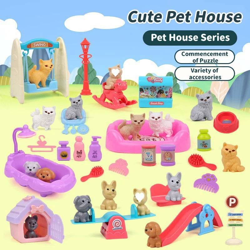 Cute Dog Pet Basket Family Toy Children Play House Games Toy Cute Mini Animal Scene Playing Toys Cat And Dog Doll Set Toys Gifts 4