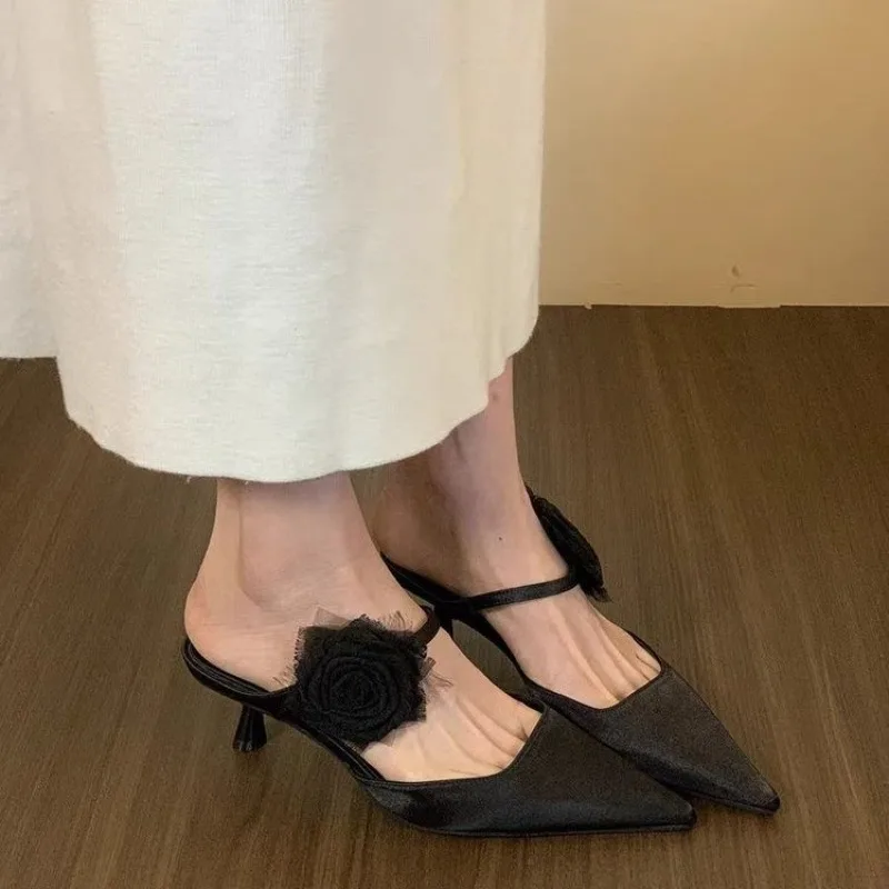 Elegant Woman Sandals High Heeled Sweet Rose Closed Toe Footwear Summer Slingback Pointed Fashion Dress Ladies Designer Shoes