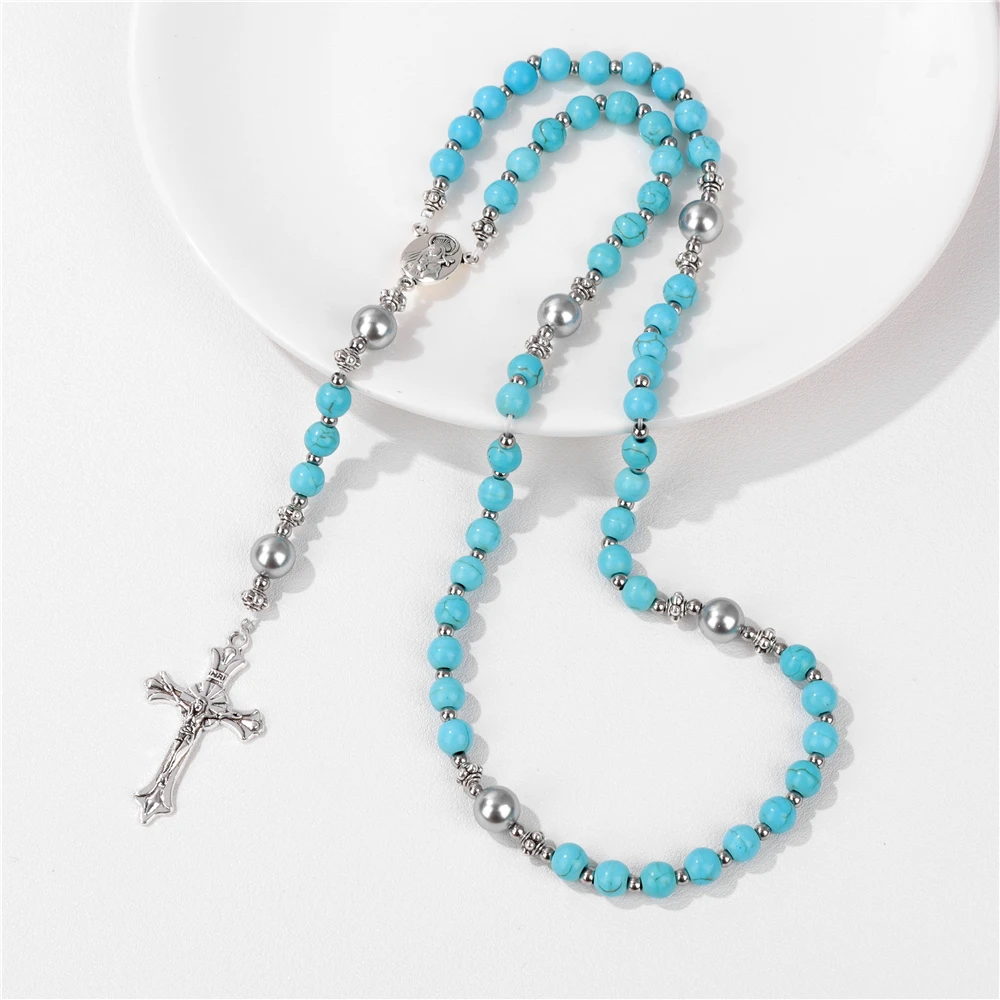 Men Catholic Cross Pendant Rosary Bracelet Natural Stone Lava