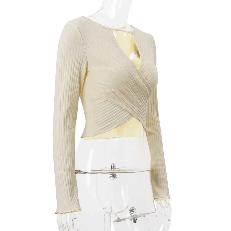 Knit Sweater Pullover Women V-Neck Ribbed Long Sleeve Patchwork Hollow Out Cropped Top Slim Elegant Solid Knitwear Top