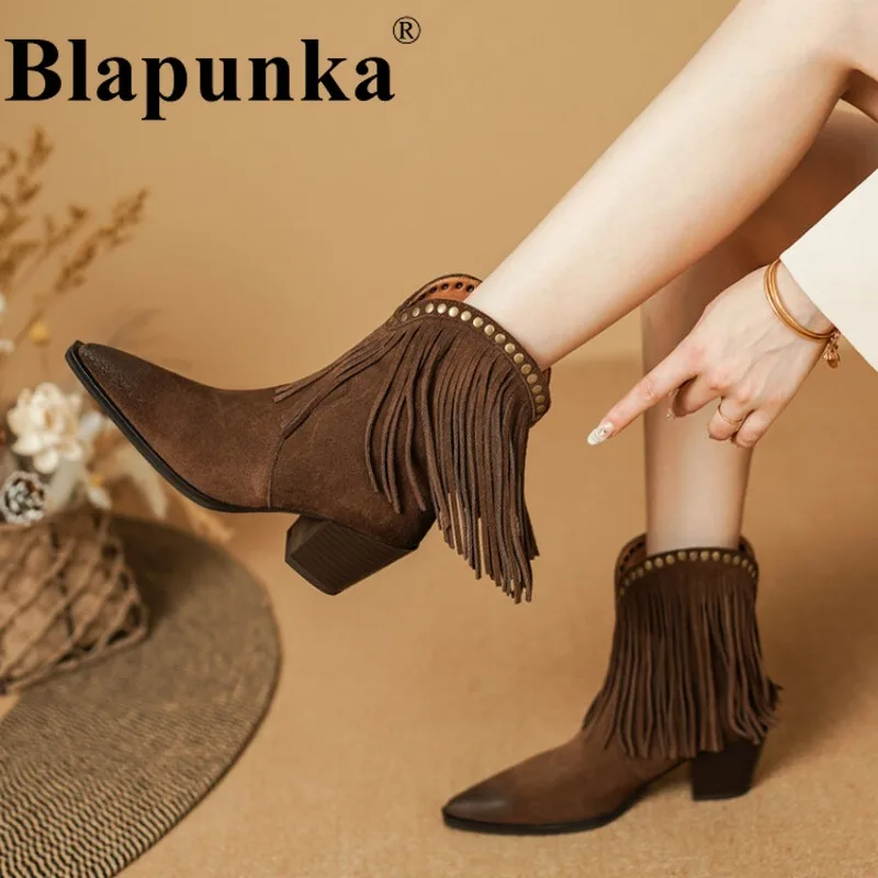 

Blapunka Cow Suede Boots Women Punk Rivets Tassels Western Boots 2024 Winter Lady Medium Block Heels Cowboy Bootie Cowgirl Shoes