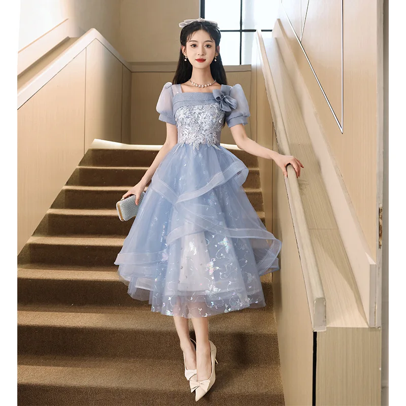 Blue Short Evening Dresses With Puff Sleeve Fashion Square Collar Vestido  De Noche Sweet Lace Applique Tulle Dress Customized - AliExpress 320