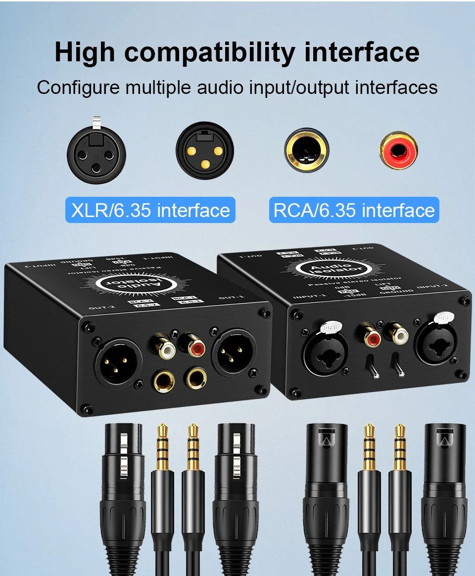 2-Kanal-XLR-Audio-Isolator, Rauschunterdrückungsfilter, beseitigt Stromgeräusche, 6,5 XLR-Mixer, Audio-Isolatoren, Zweikanal 6,5 XLR – Detail 3