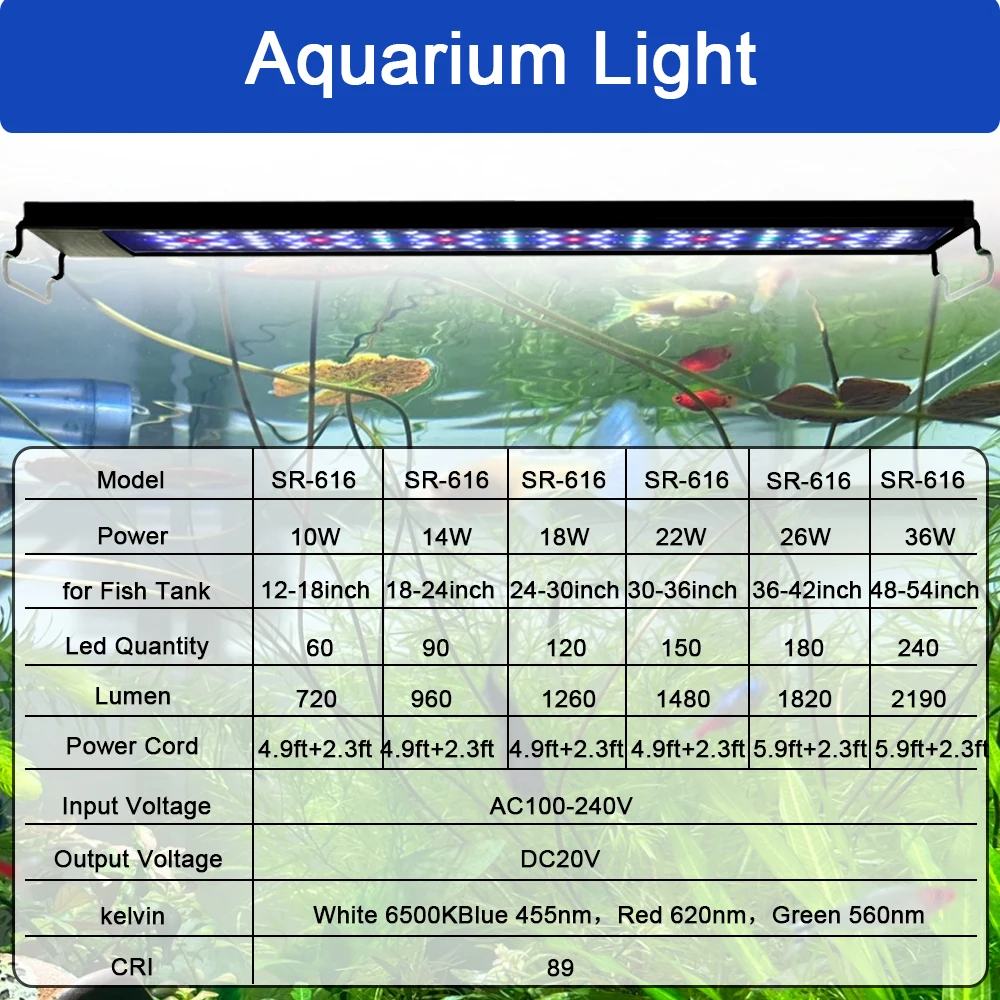Aquarium Light 12-30 Inch Dimmable LED With Timer Power-off Memory Function Fish Tank Plant Growth 100-240V