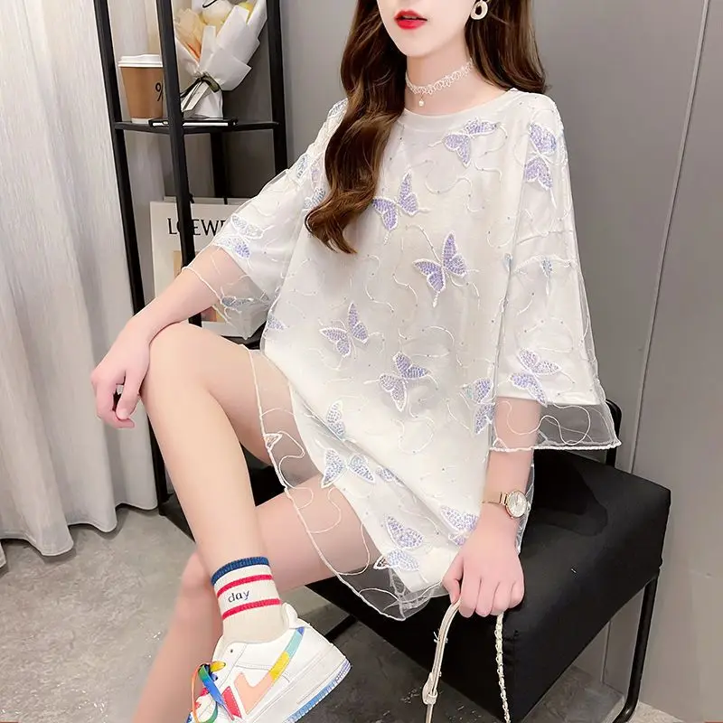

EBAIHUI Fake Two-piece Mesh Patchwork Design Women T-shirt Summer New Mid Length Ladies Tee Korean Oversized Loose O Neck Top